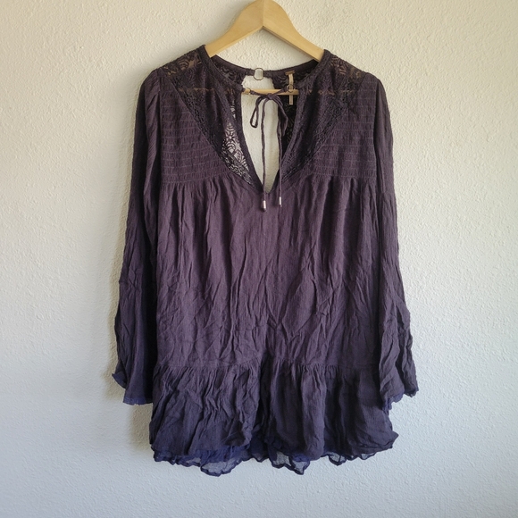 Free People Purple Bell Sleeve Tunic Dress Tie V-Neck Womens Size S - Picture 2 of 9